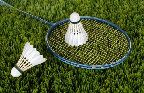 badminton バドミントン 人工芝 artificialturf　人工芝の上に置かれたバドミントンのラケットとシャトル